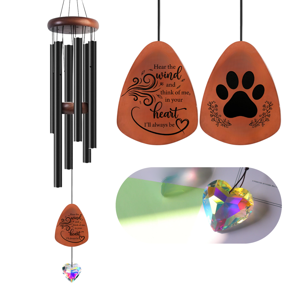 Pet Memorial Wind Chimes with Crystal Heart – Engraved Wooden Paw Print Pendant