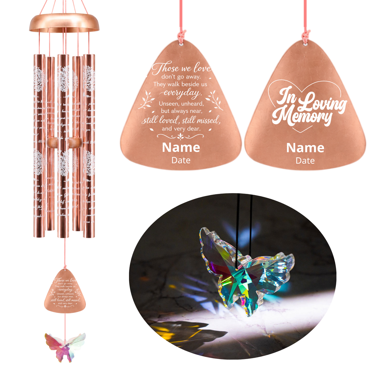 Personalized Crystal Butterfly Memorial Wind Chimes – Engraved Tubes with Custom Name, Date