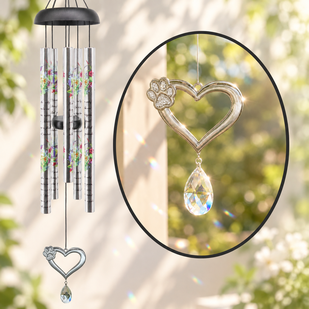 Heart Paw Print Pendant with Crystal Pet Memorial Wind Chimes - Floral Engraved Tubes, Sympathy Gift for Loss of Dog or Cat