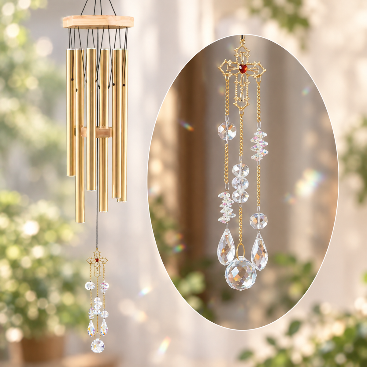 Gothic Crystal Cross Wind Chimes - Crystal Drop Chains Suncatcher