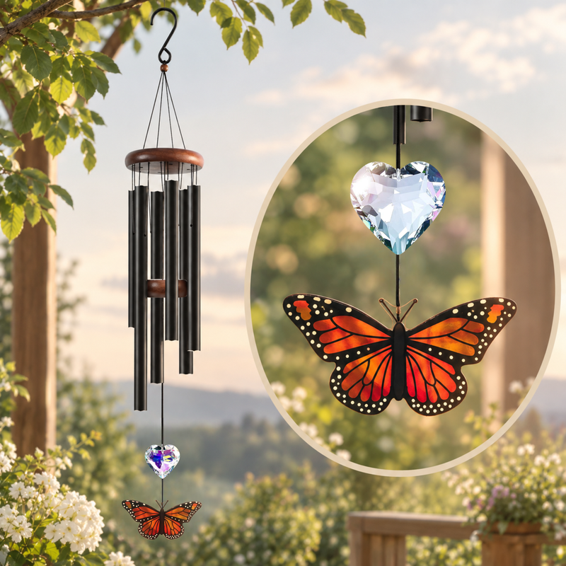 Monarch Butterfly & Heart Crystal Wind Chimes - Monarch Butterfly Suncatcher