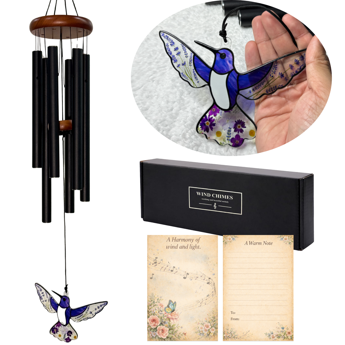 32'' Hummingbird Suncatcher Wind Chimes - Pressed Flowers Suncatcher