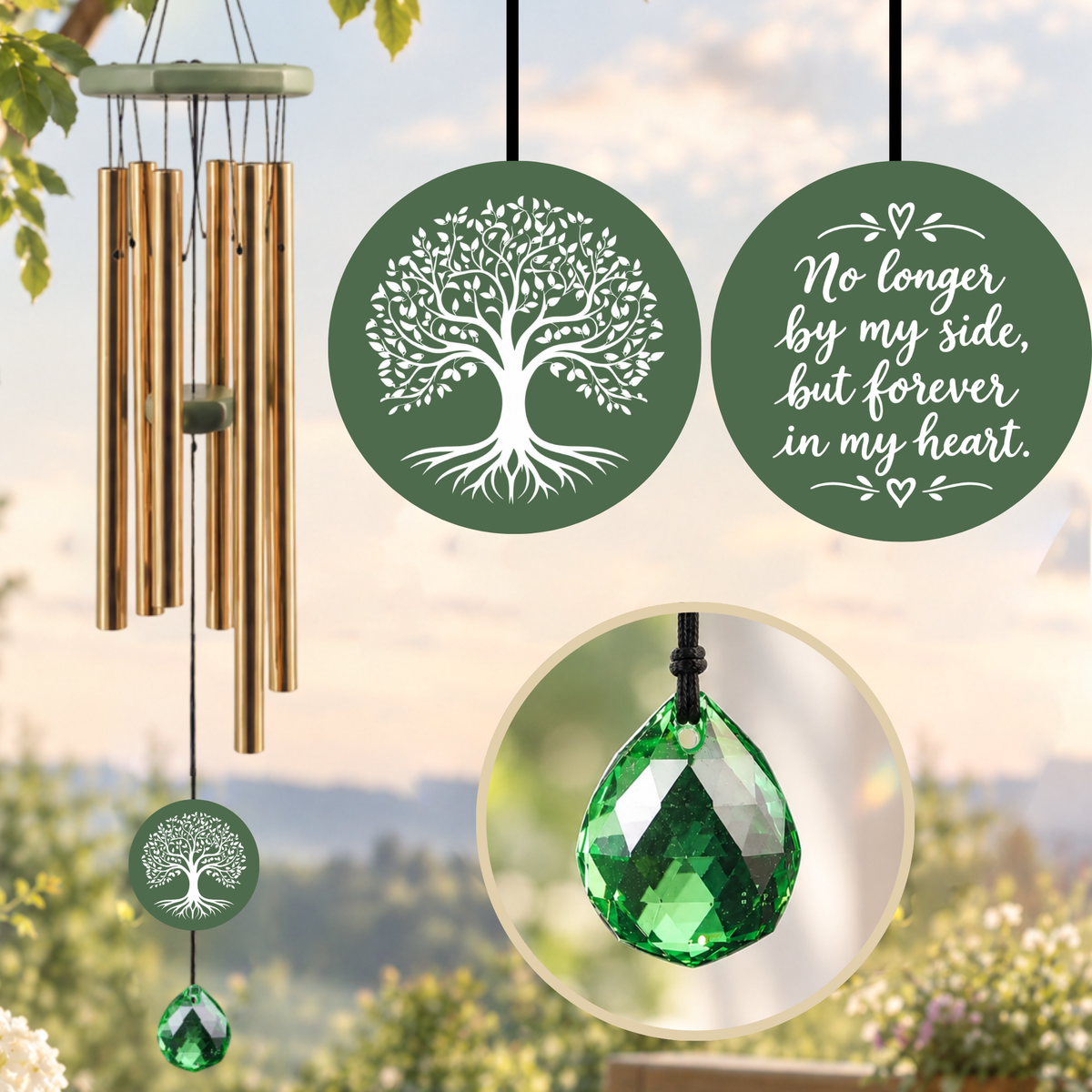 Tree of Life Crystal Memorial Wind Chimes - Deep Toned Aluminum Tubes with Engraved Quote