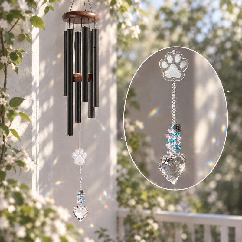 Crystal Pet Memorial Wind Chimes – K9 Glass Paw Print Pendant with Heart-Shaped Crystal