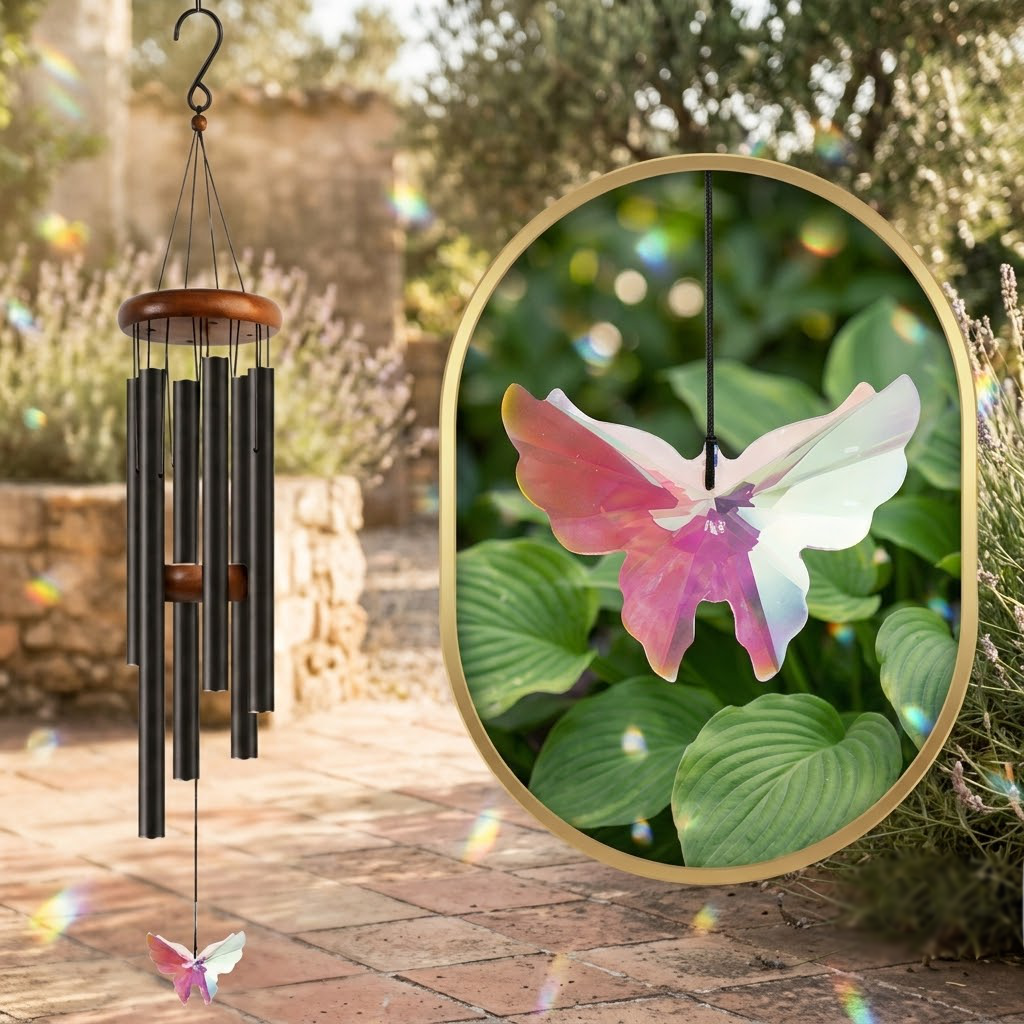 Crystal Butterfly Wind Chimes – Iridescent Butterfly Pendant with Aluminum Tubes