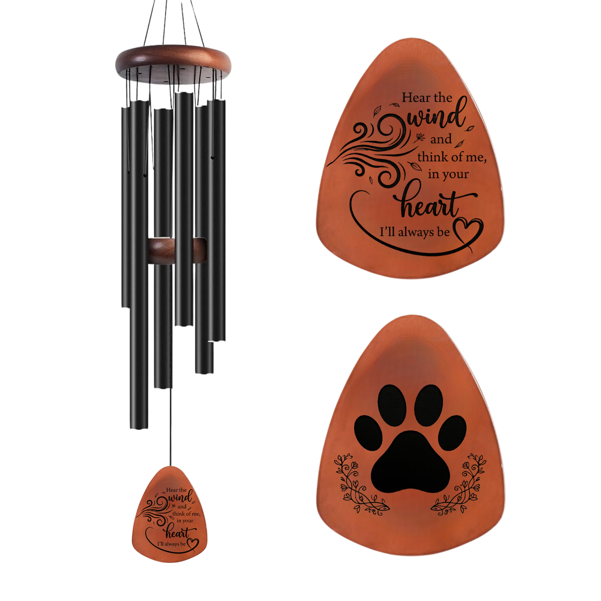 Pet Memorial Wind Chimes – Engraved Wooden Paw Print Pendant