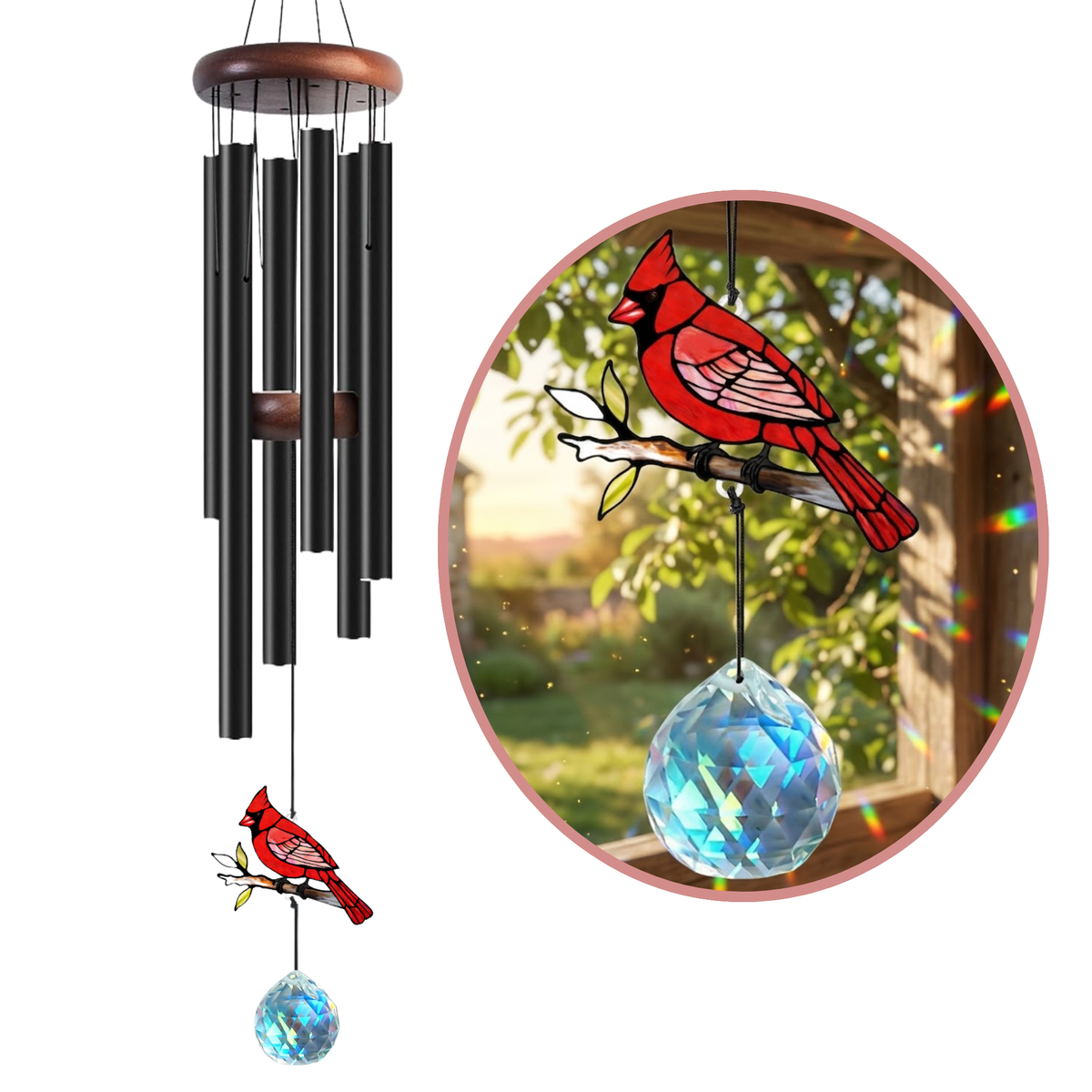 Crystal Cardinal Wind Chimes – Stained Glass Cardinal Suncatcher & Rainbow Prism Crystal