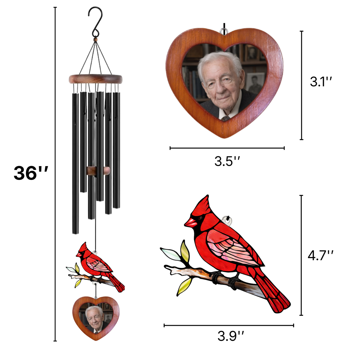 36-inch Cardinal Suncatcher Personalized Photo Frame Wind Chimes
