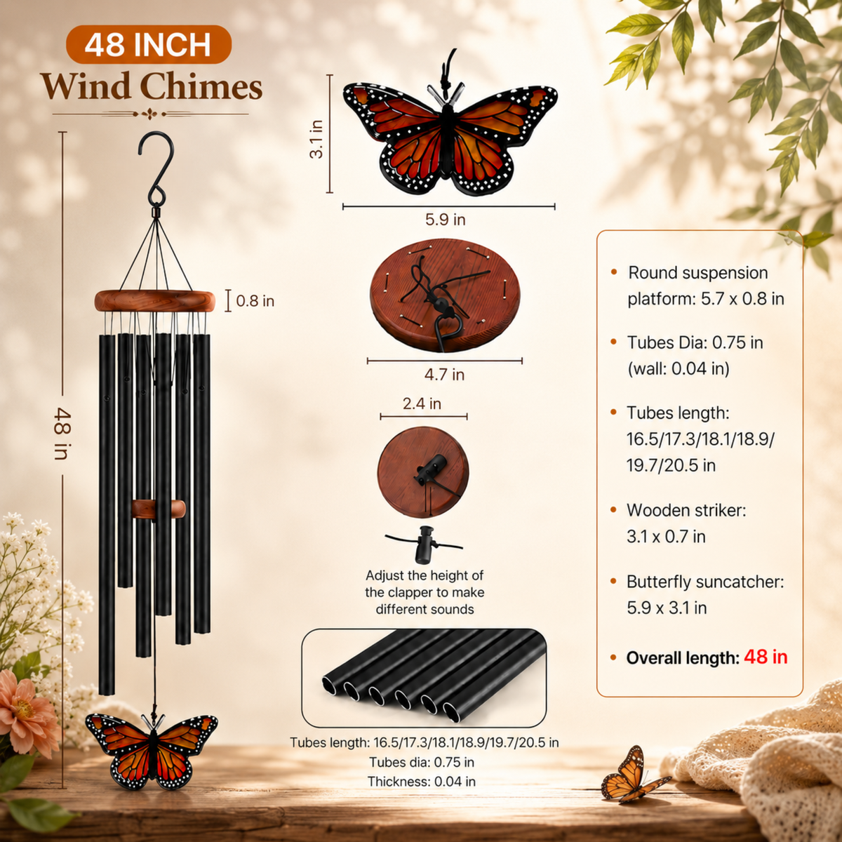 Monarch Butterfly Wind Chimes For Outside, Butterflies Garden Decorations