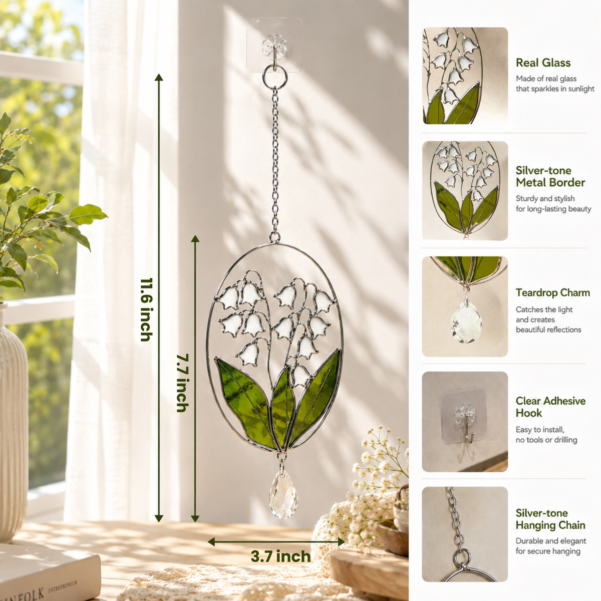 2 Branches Lily of the Valley Real Stained Glass Suncatcher Hand Crafted