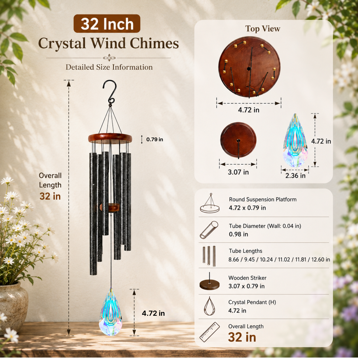 Crystal Suncatcher Wind Chimes for Outside Deep Tone, Window Hanging Decor
