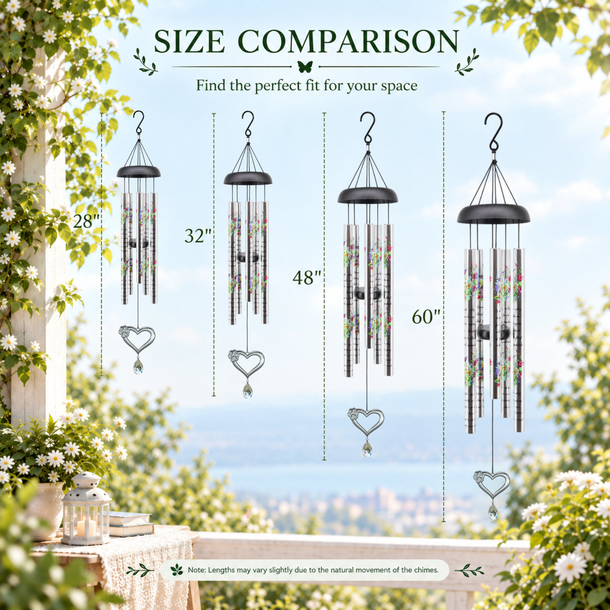 Heart Paw Print Pendant with Crystal Pet Memorial Wind Chimes - Floral Engraved Tubes, Sympathy Gift for Loss of Dog or Cat