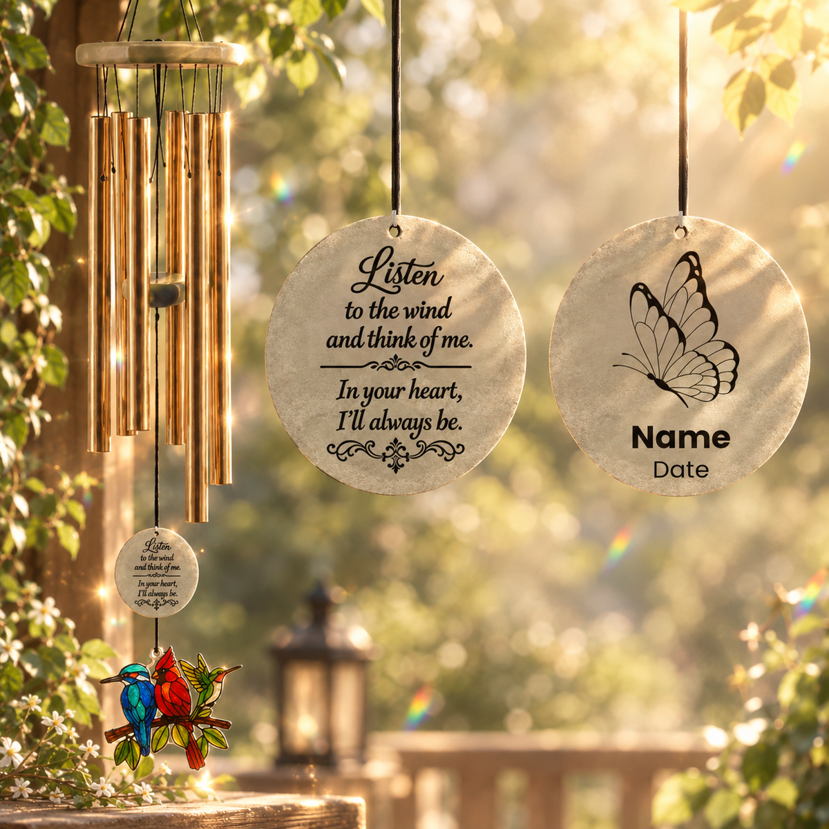 Personalized Bird Suncatcher Memorial Wind Chimes – Custom Name & Date Engraved Pendant with Three Birds Suncatcher