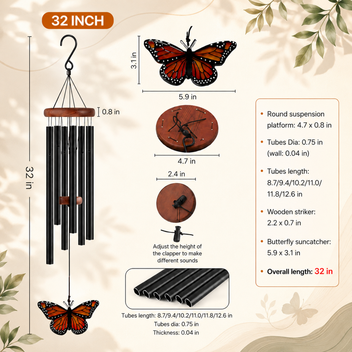 Monarch Butterfly Wind Chimes For Outside, Butterflies Garden Decorations