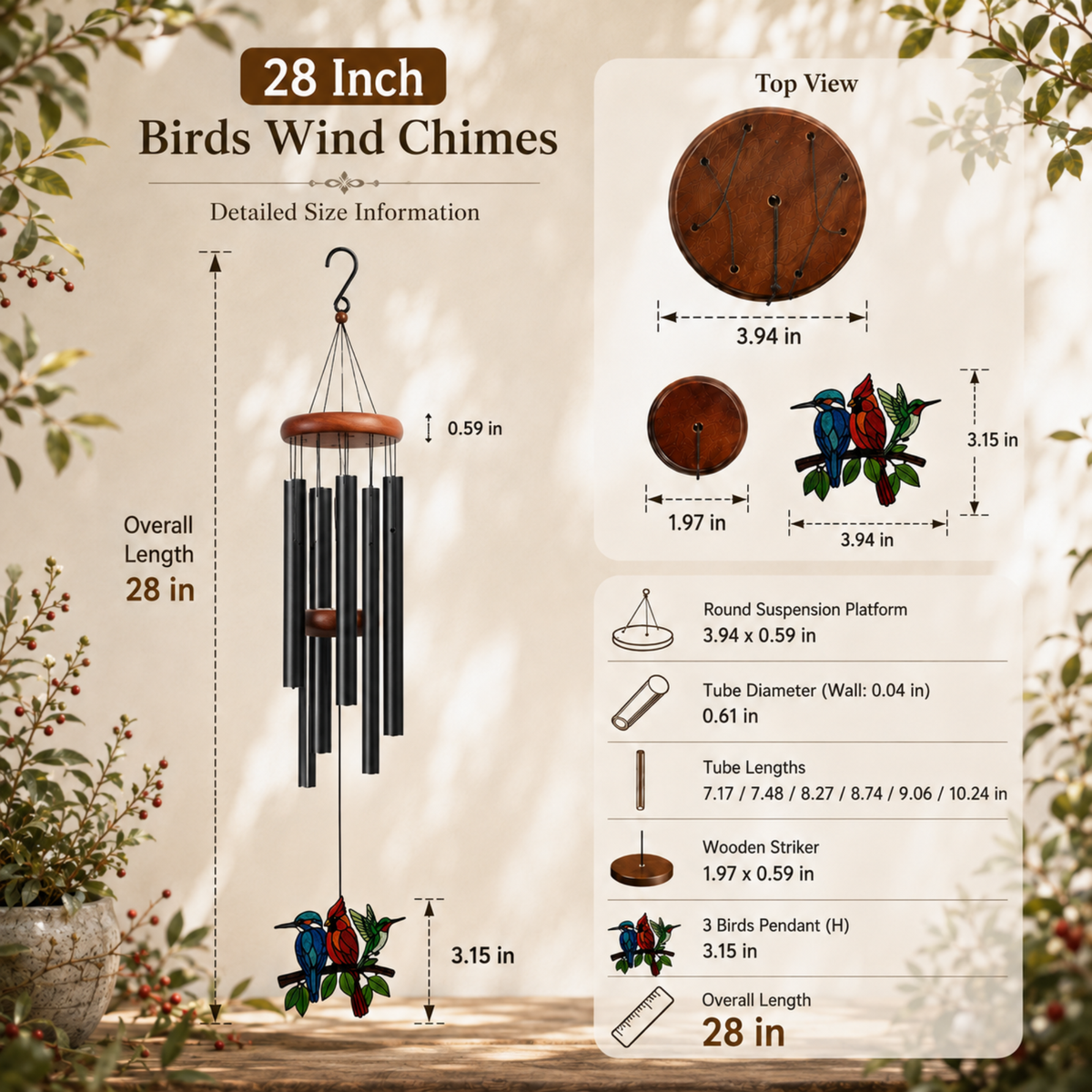 Hummingbird Birds on Branch Stained Glass Suncatcher Wind Chimes for Outside