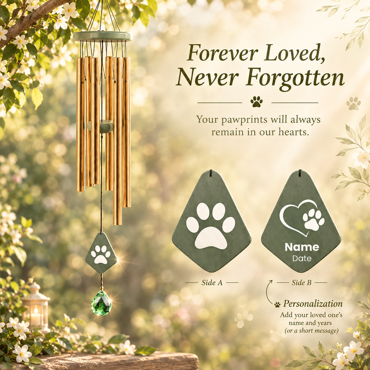 Personalized Pet Memorial Wind Chimes with Crystal – Custom Name & Date Engraved Paw Print Pendant