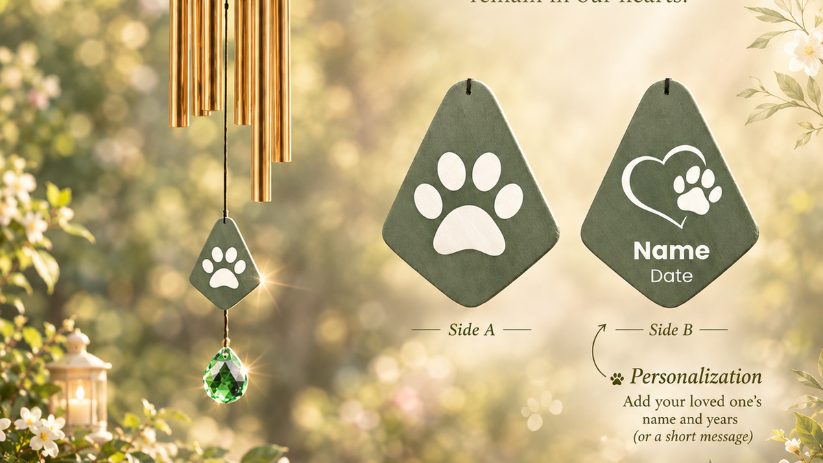 Personalized Pet Memorial Wind Chimes with Crystal – Custom Name & Date Engraved Paw Print Pendant