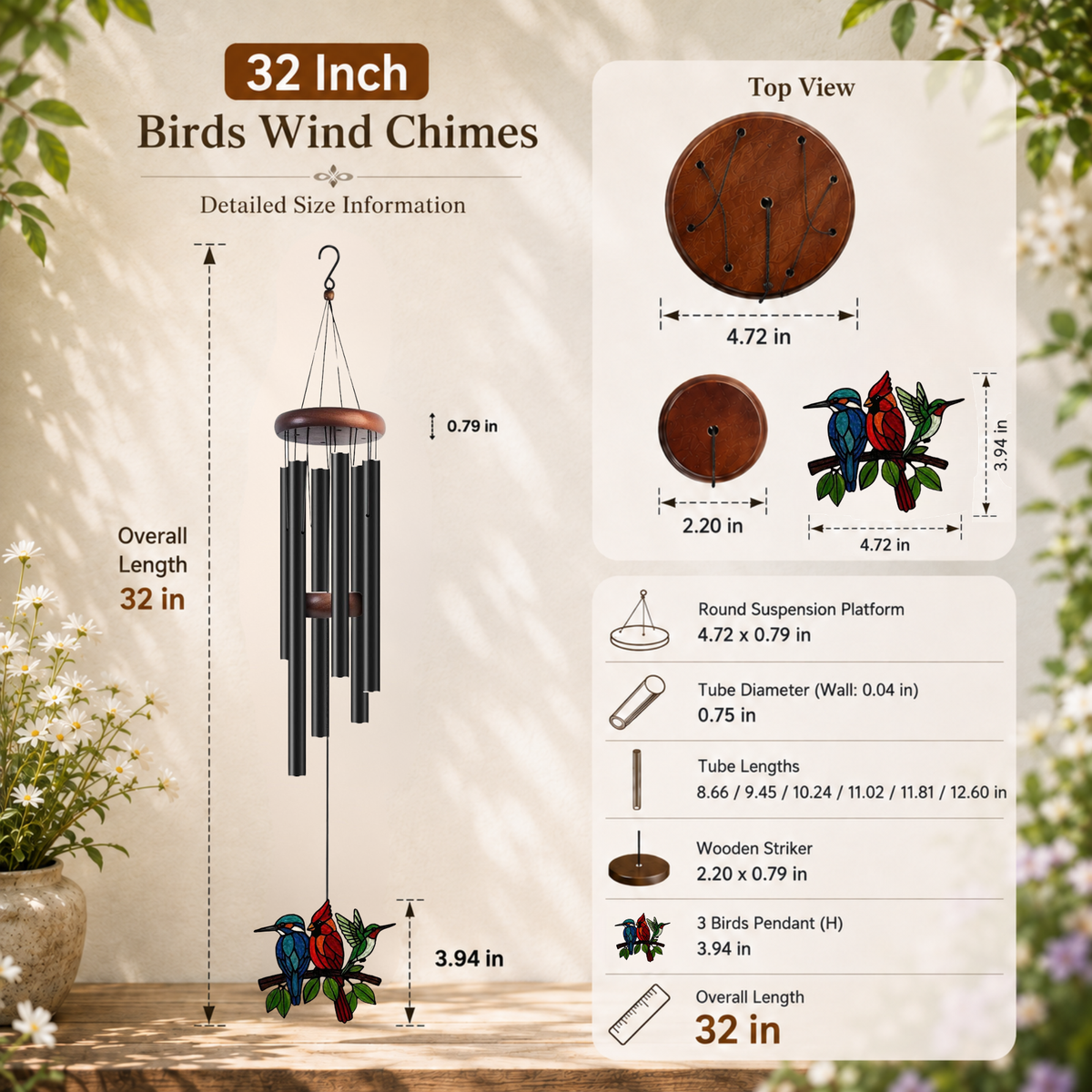 Hummingbird Birds on Branch Stained Glass Suncatcher Wind Chimes for Outside