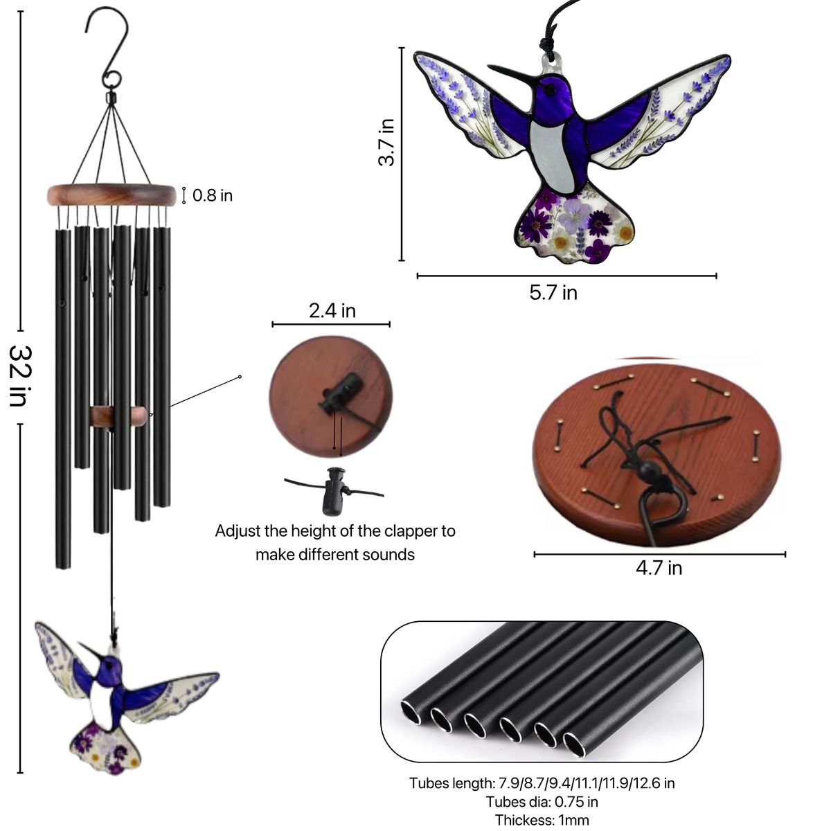 32'' Hummingbird Suncatcher Wind Chimes - Pressed Flowers Suncatcher