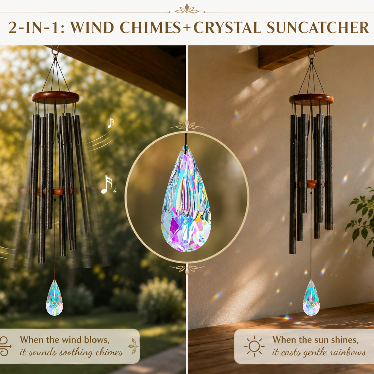 Crystal Suncatcher Wind Chimes for Outside Deep Tone, Window Hanging Decor