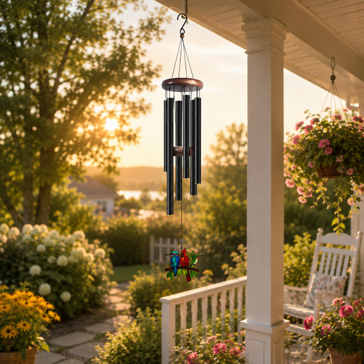 Hummingbird Birds on Branch Stained Glass Suncatcher Wind Chimes for Outside