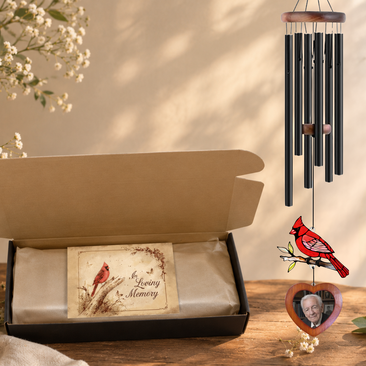 36-inch Cardinal Suncatcher Personalized Photo Frame Wind Chimes