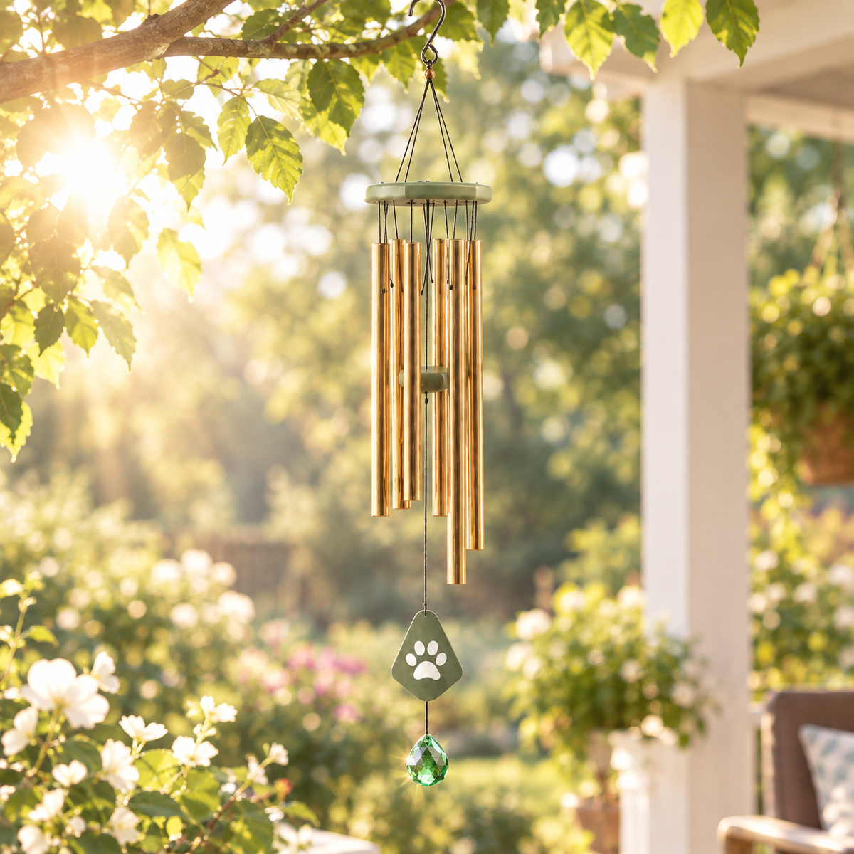 Personalized Pet Memorial Wind Chimes with Crystal – Custom Name & Date Engraved Paw Print Pendant