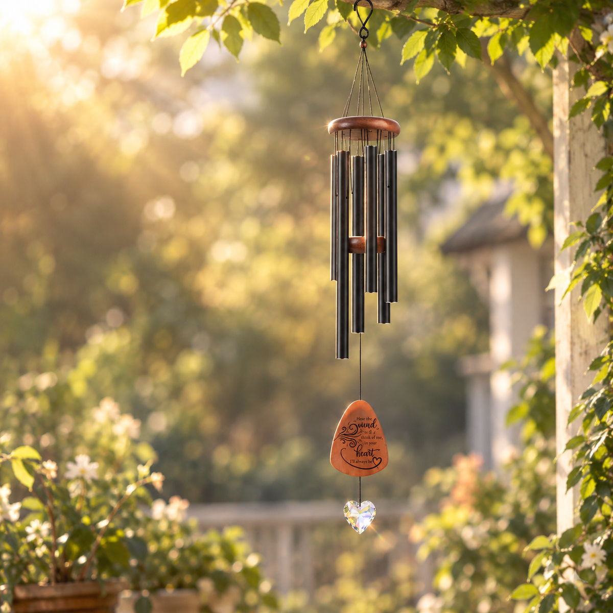 Pet Memorial Wind Chimes with Crystal Heart – Engraved Wooden Paw Print Pendant