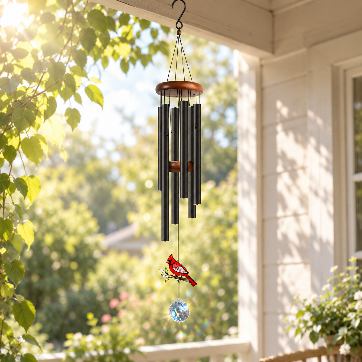 Crystal Cardinal Wind Chimes – Stained Glass Cardinal Suncatcher & Rainbow Prism Crystal