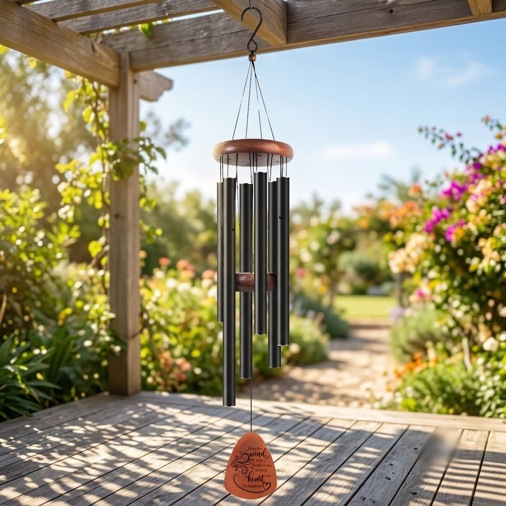 Pet Memorial Wind Chimes – Engraved Wooden Paw Print Pendant