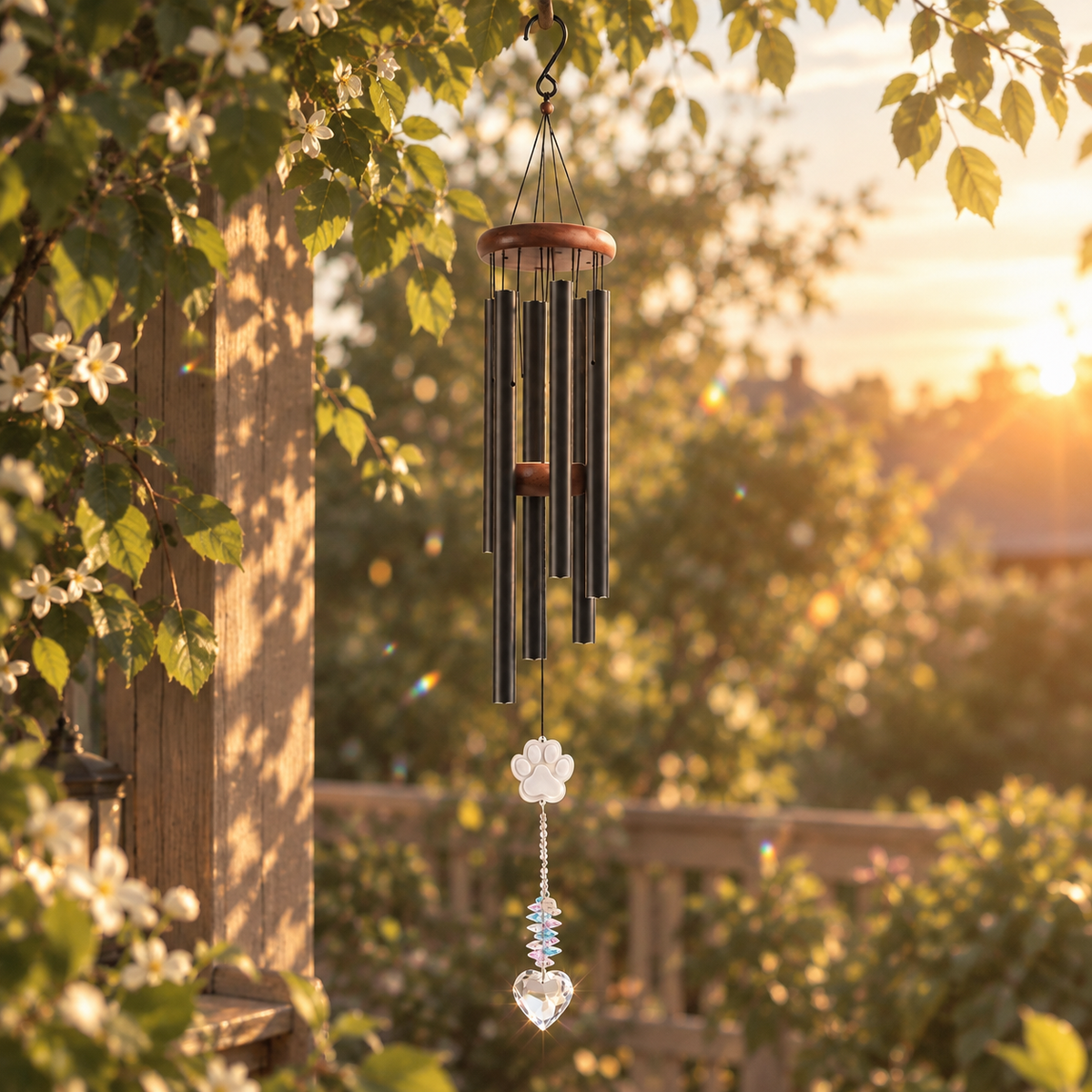 Crystal Pet Memorial Wind Chimes – K9 Glass Paw Print Pendant with Heart-Shaped Crystal