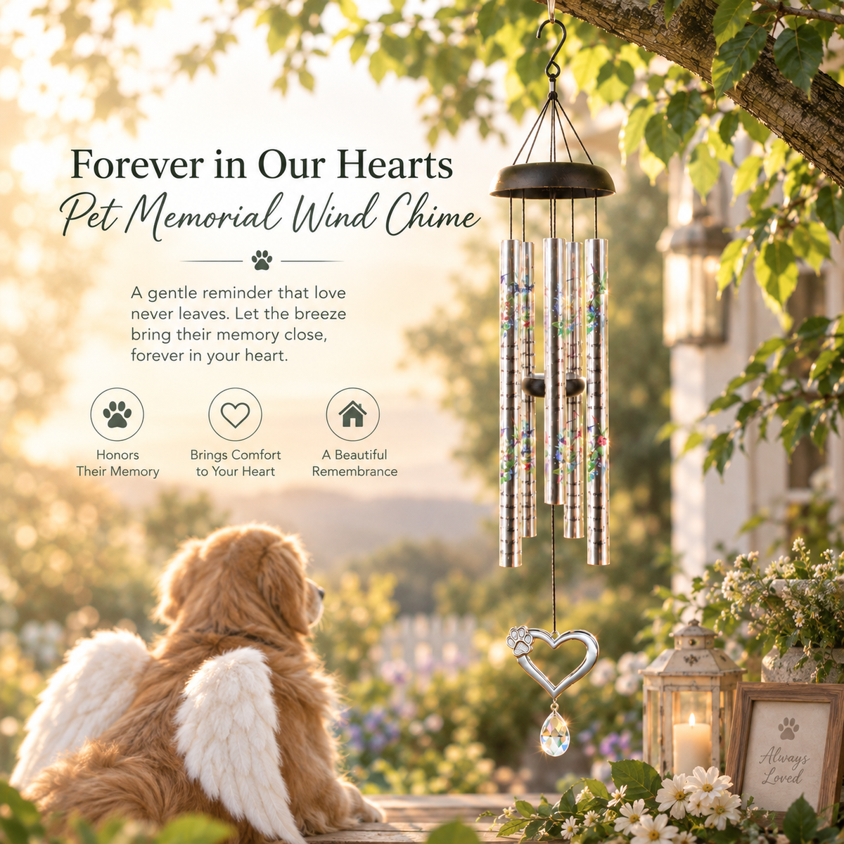Heart Paw Print Pendant with Crystal Pet Memorial Wind Chimes - Floral Engraved Tubes, Sympathy Gift for Loss of Dog or Cat