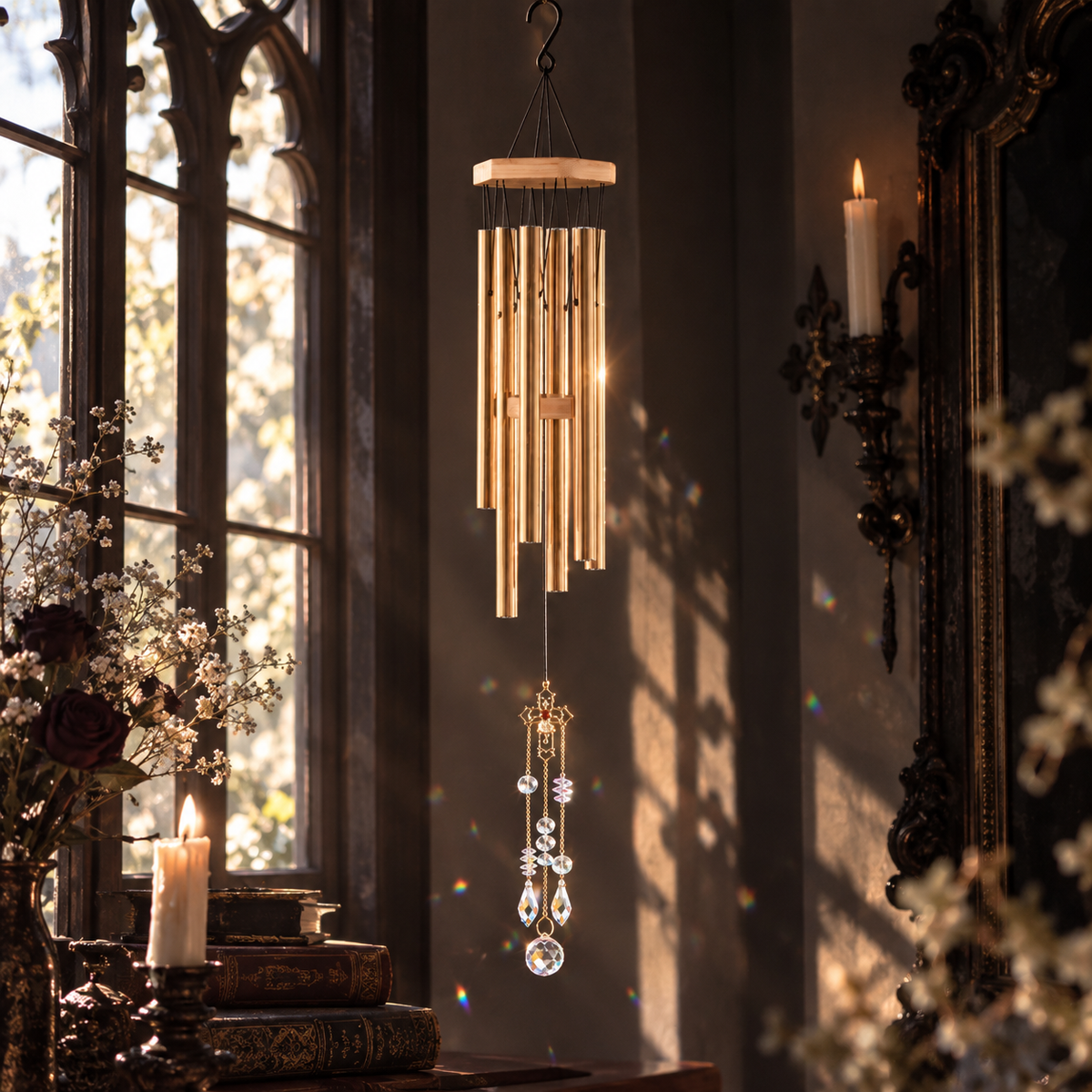 Gothic Crystal Cross Wind Chimes - Crystal Drop Chains Suncatcher