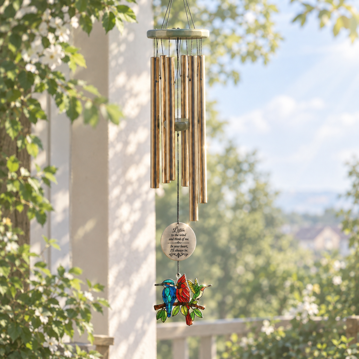 Personalized Bird Suncatcher Memorial Wind Chimes – Custom Name & Date Engraved Pendant with Three Birds Suncatcher