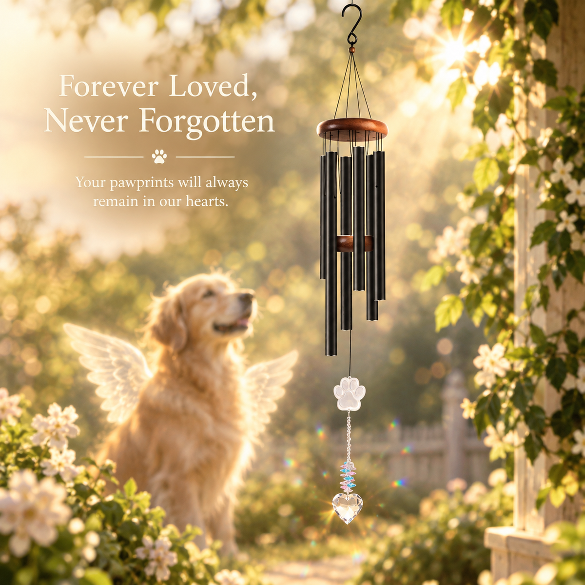 Crystal Pet Memorial Wind Chimes – K9 Glass Paw Print Pendant with Heart-Shaped Crystal