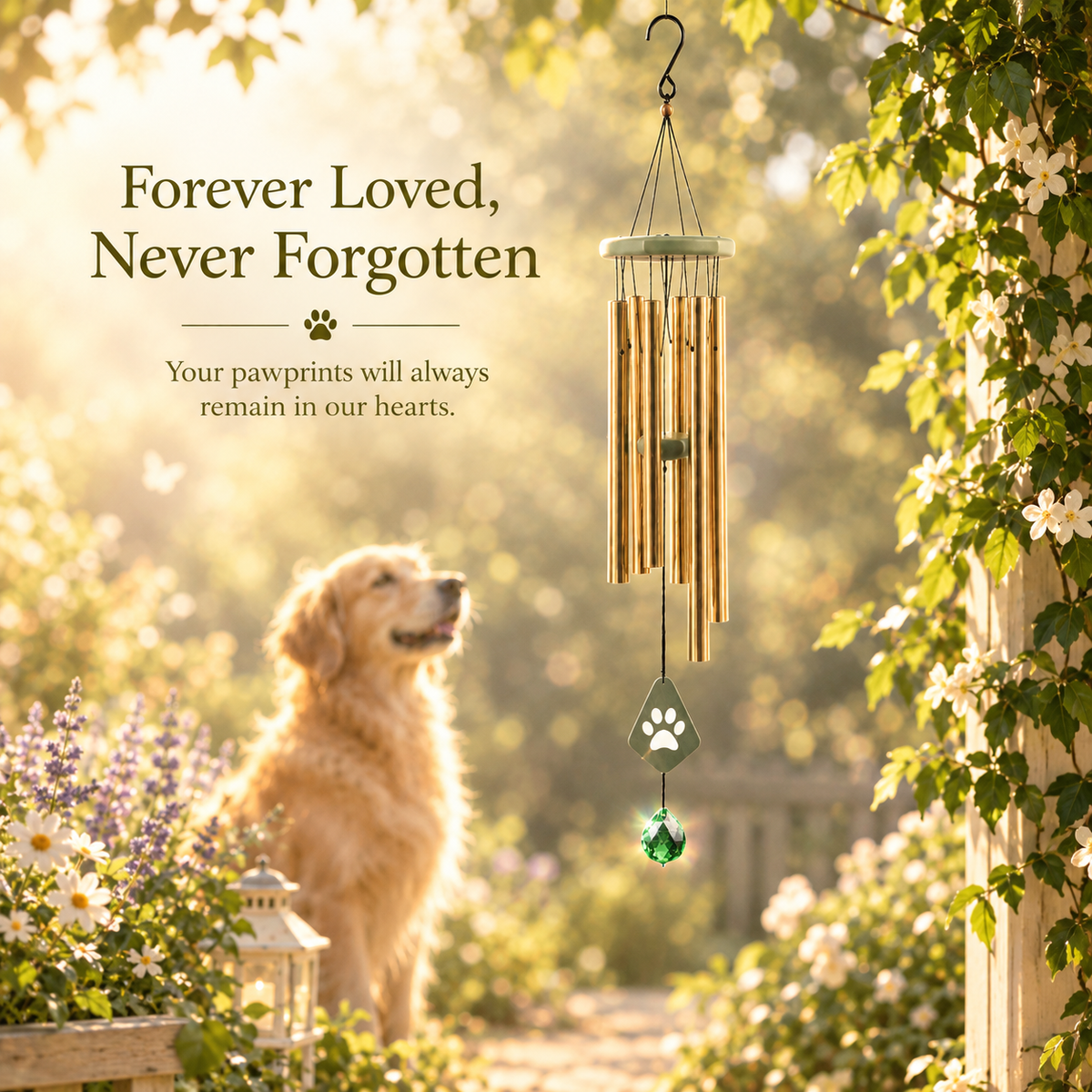 Personalized Pet Memorial Wind Chimes with Crystal – Custom Name & Date Engraved Paw Print Pendant