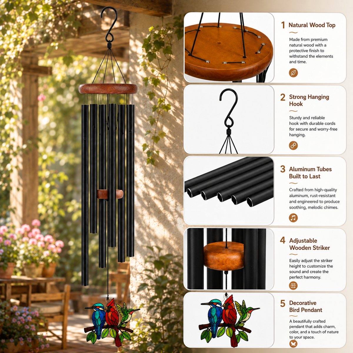 Hummingbird Birds on Branch Stained Glass Suncatcher Wind Chimes for Outside