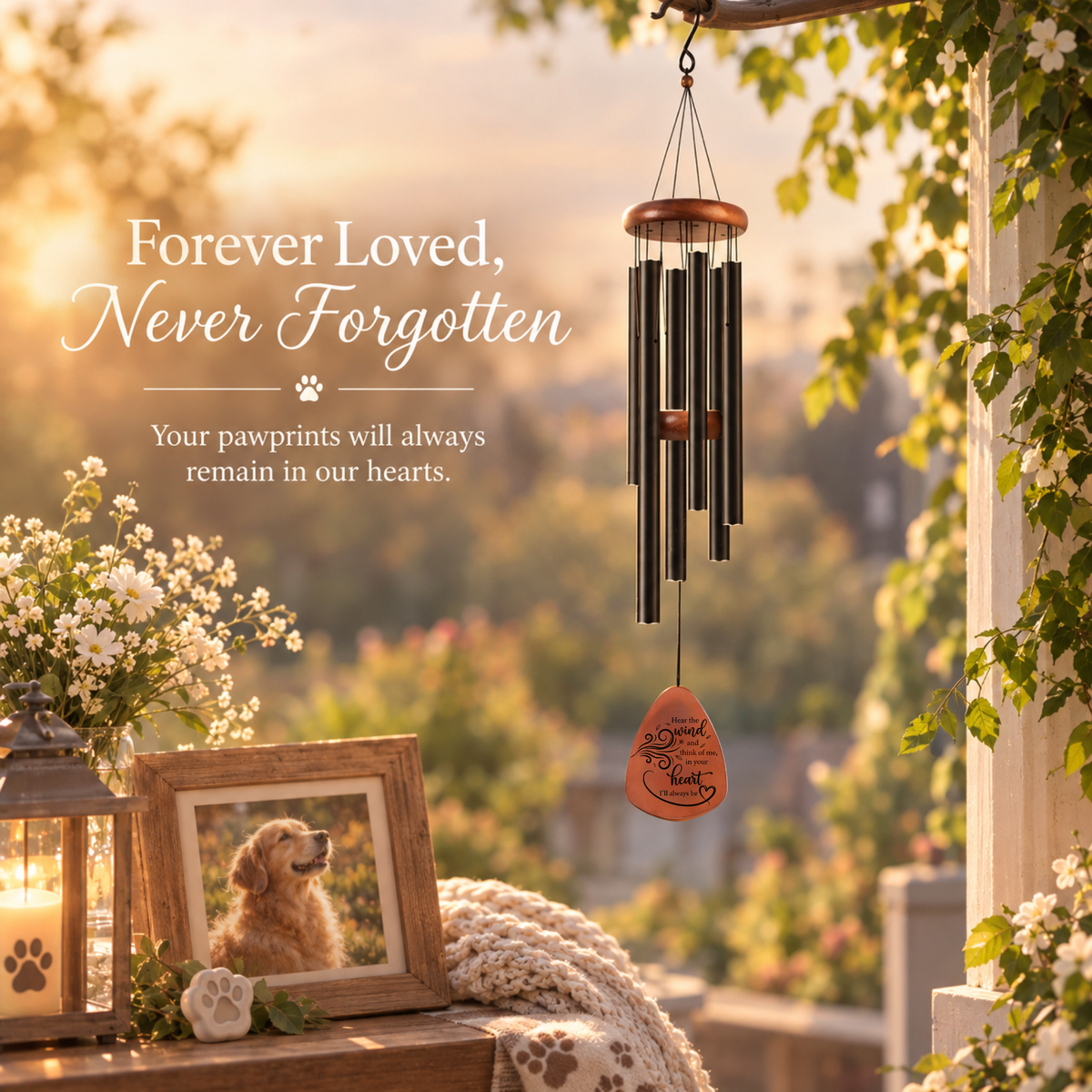 Pet Memorial Wind Chimes – Engraved Wooden Paw Print Pendant