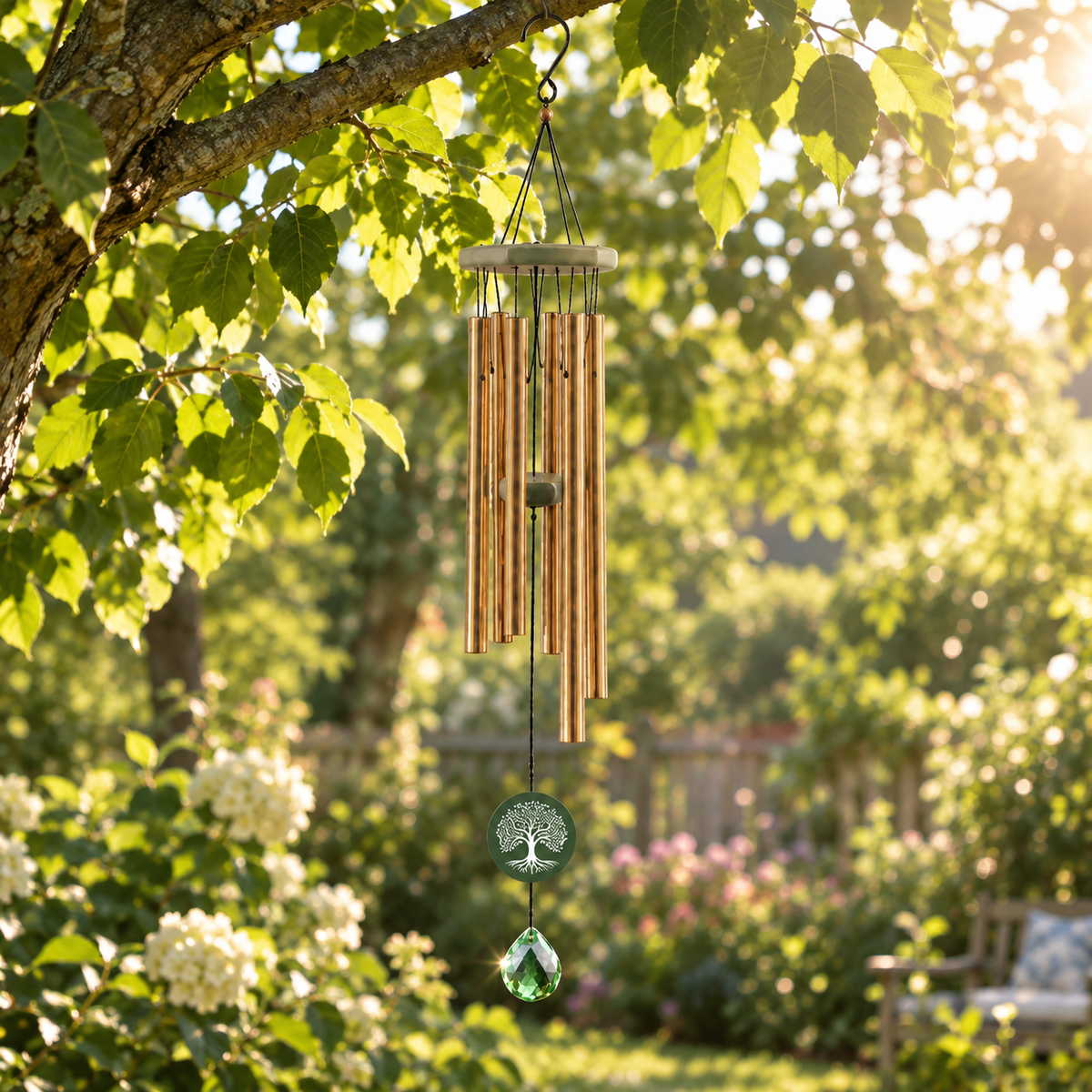 Tree of Life Crystal Memorial Wind Chimes - Deep Toned Aluminum Tubes with Engraved Quote