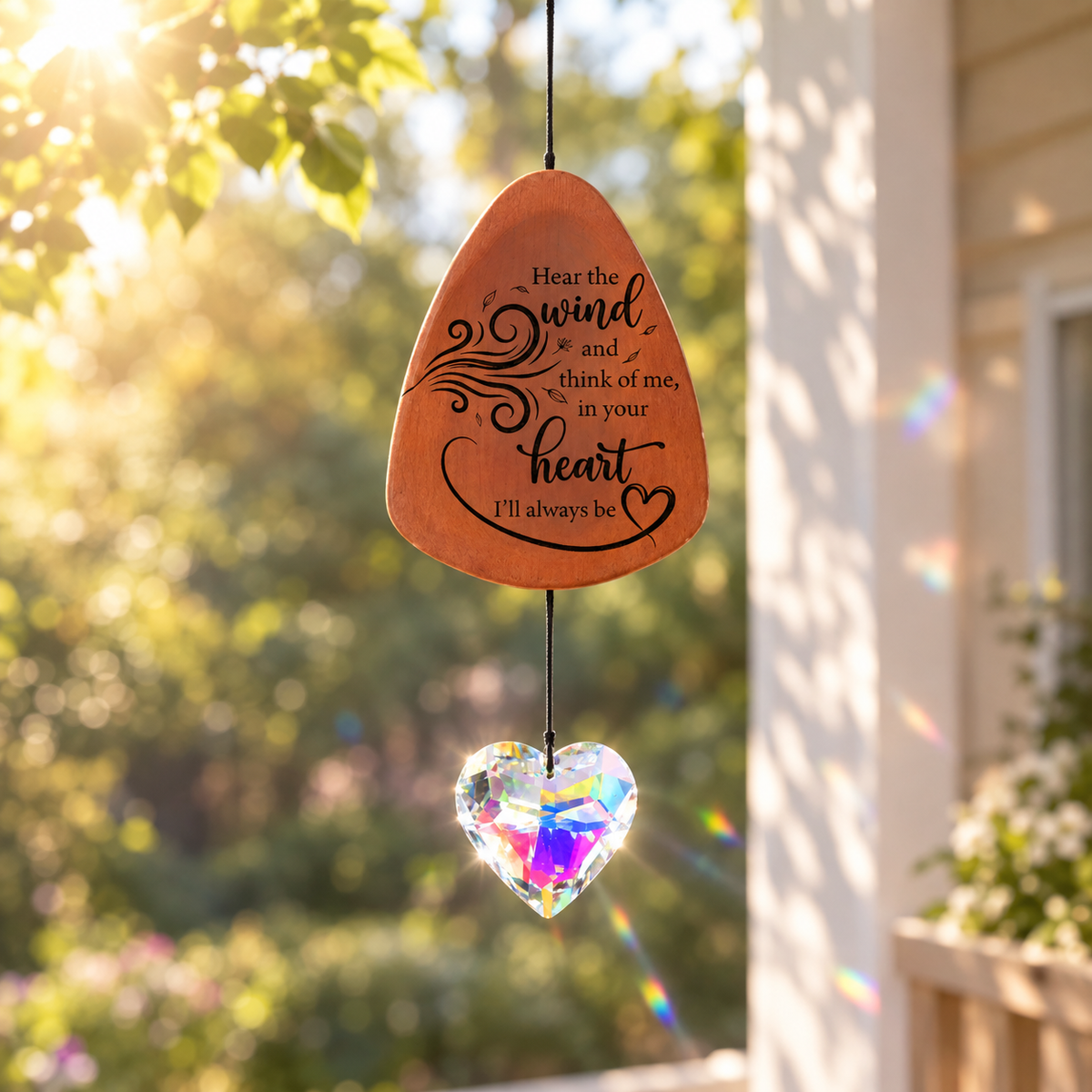Pet Memorial Wind Chimes with Crystal Heart – Engraved Wooden Paw Print Pendant