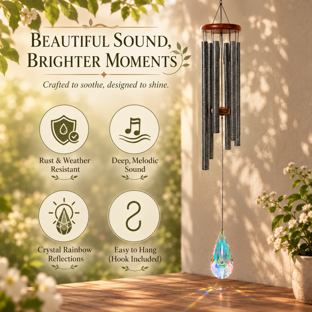 Crystal Suncatcher Wind Chimes for Outside Deep Tone, Window Hanging Decor