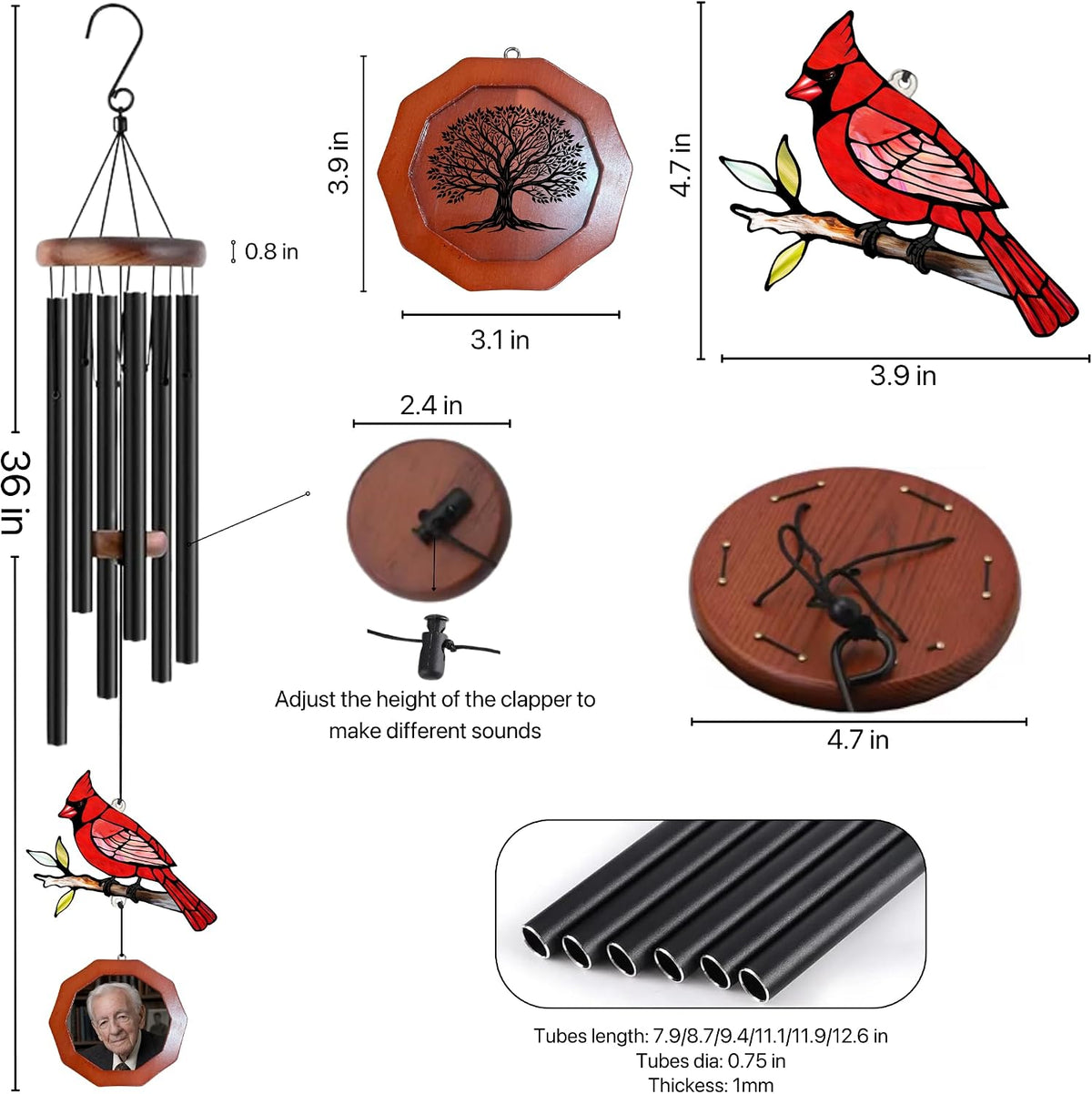 36" Cardinal Suncatcher Personalized Photo Frame Wind Chimes