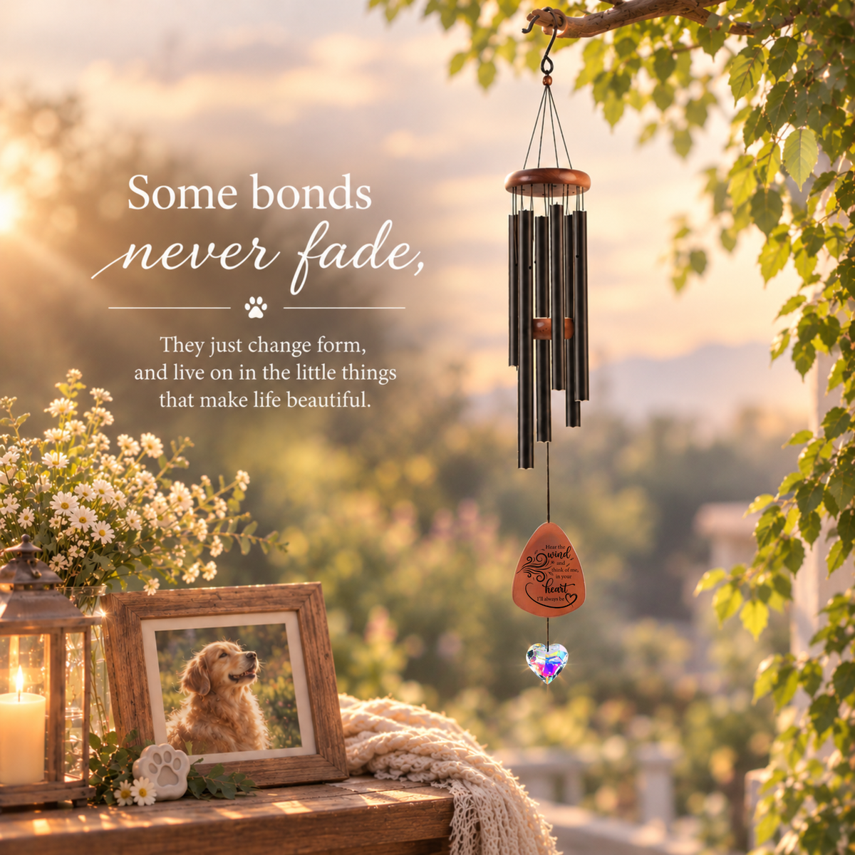 Pet Memorial Wind Chimes with Crystal Heart – Engraved Wooden Paw Print Pendant