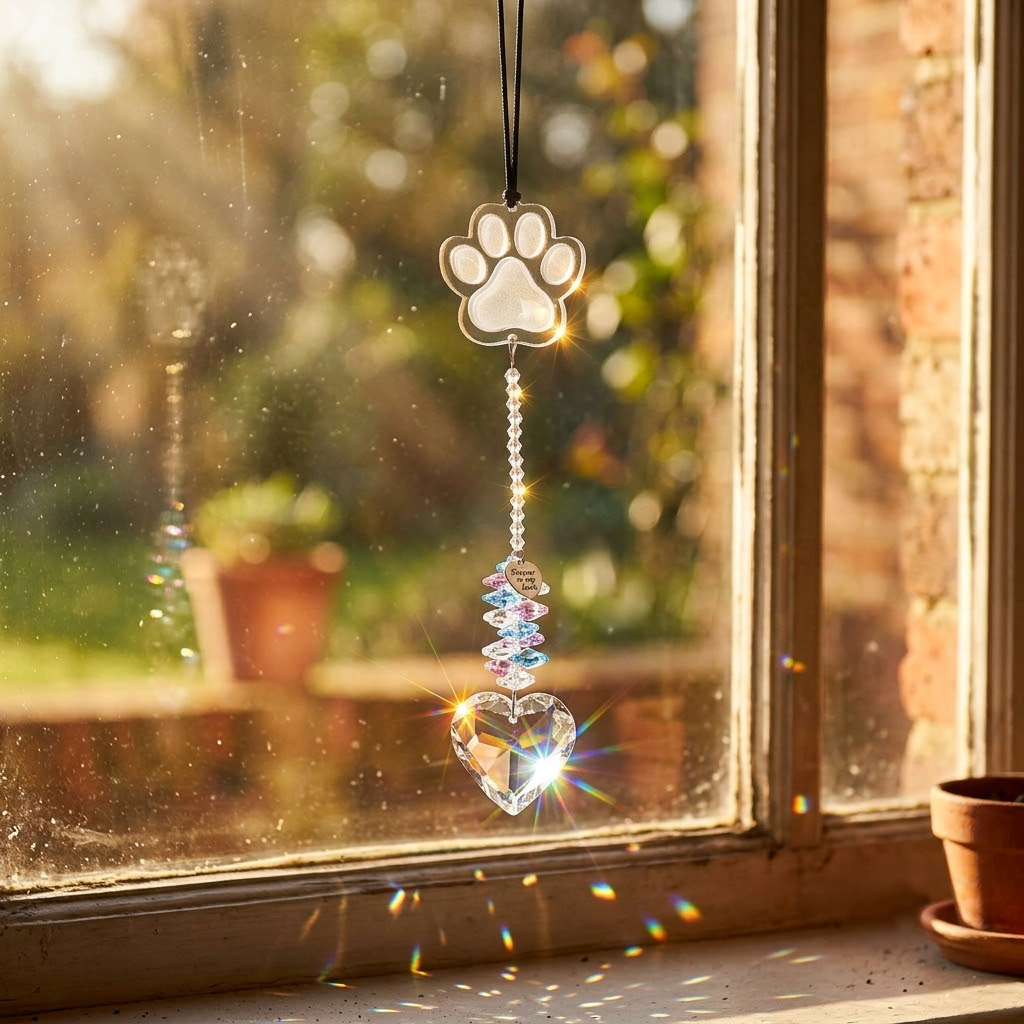 Crystal Pet Memorial Wind Chimes – K9 Glass Paw Print Pendant with Heart-Shaped Crystal