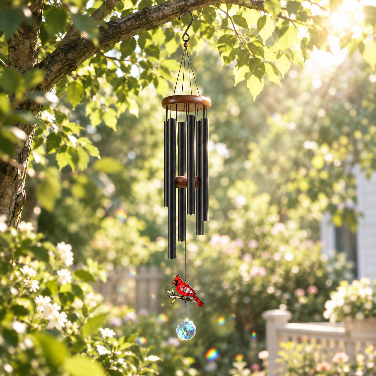 Crystal Cardinal Wind Chimes – Stained Glass Cardinal Suncatcher & Rainbow Prism Crystal