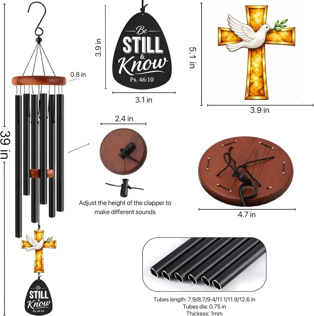 39-inch Christian Memorial Wind Chimes - Cross Suncatcher - Be Still and Know
