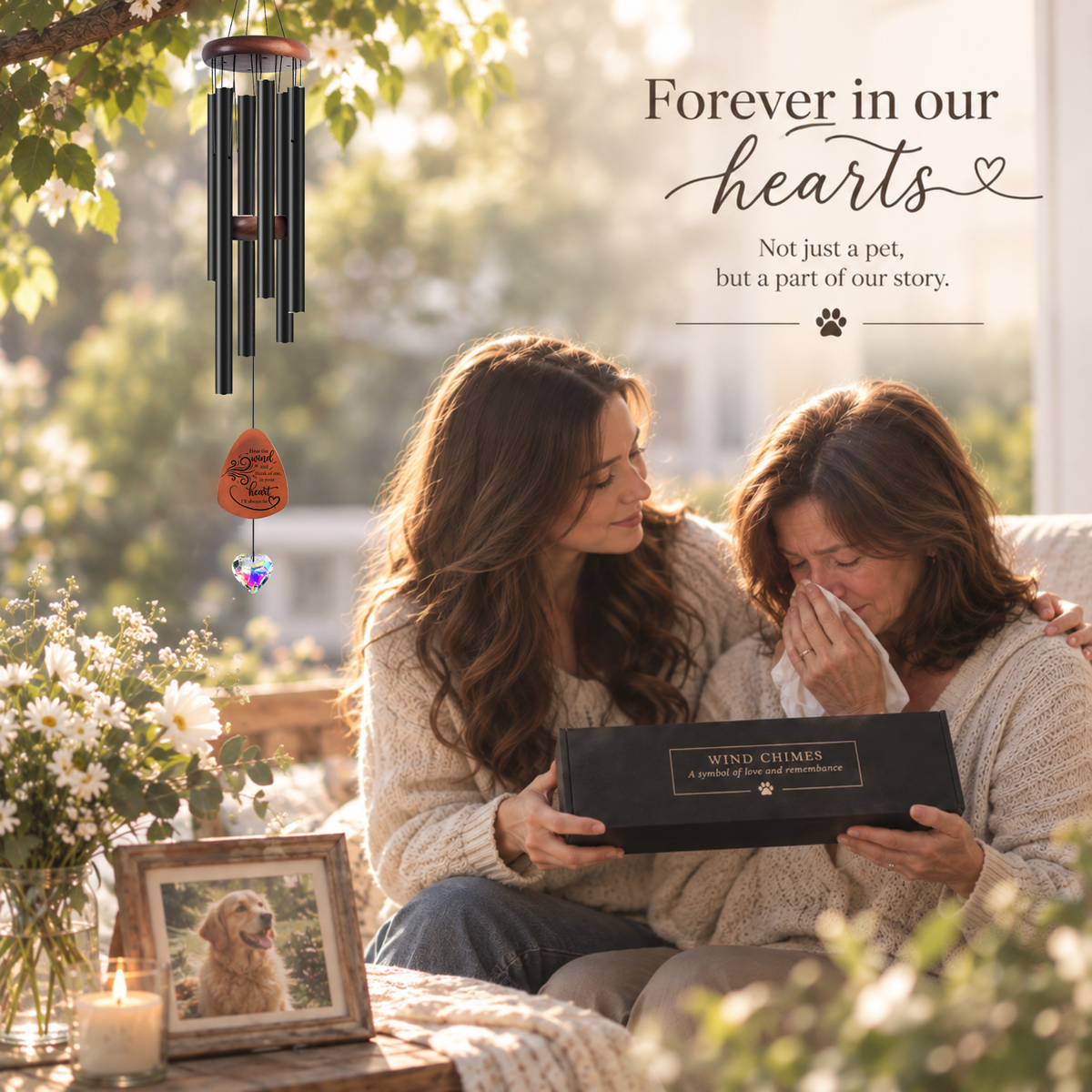 Pet Memorial Wind Chimes with Crystal Heart – Engraved Wooden Paw Print Pendant