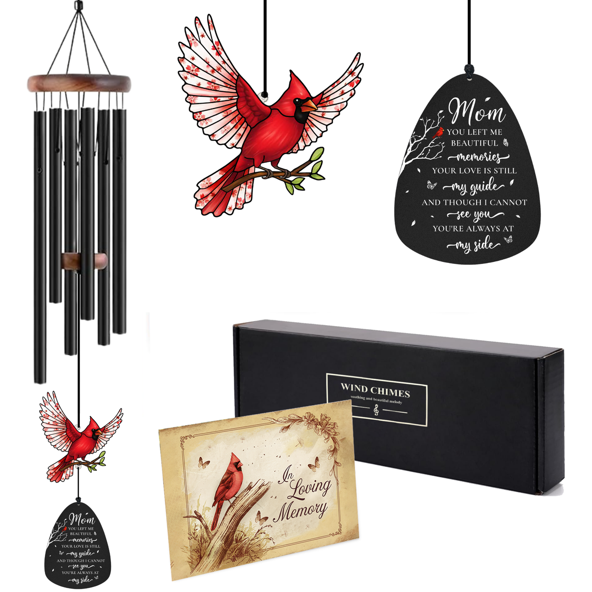 36 inch Cardinal Memorial Wind Chimes for Loss of Mom – Sympathy Gift with Floral Cardinal Ornament