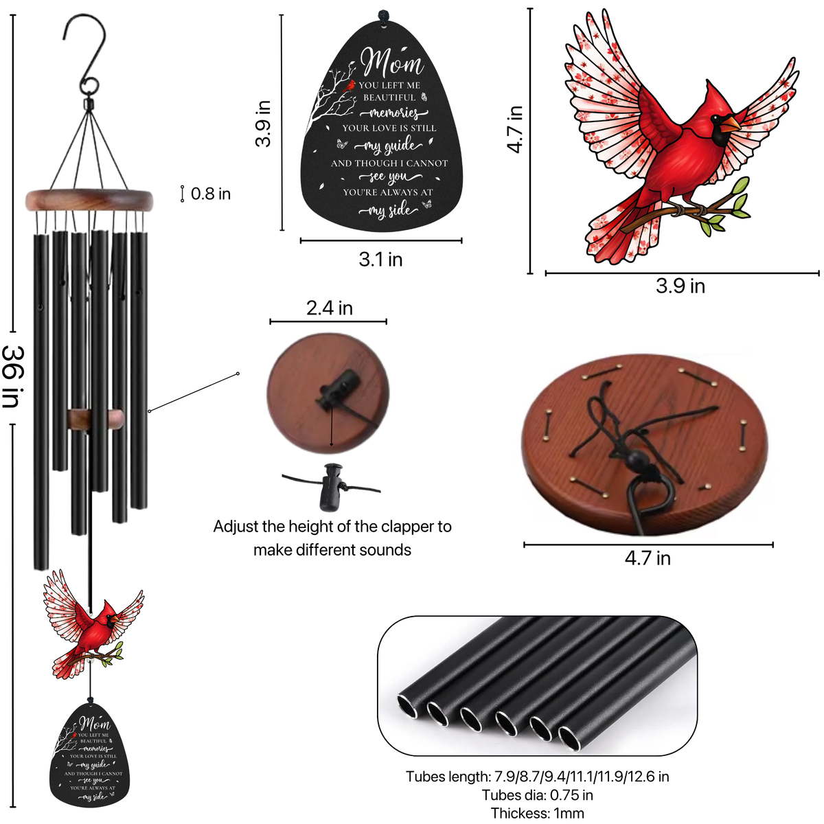 36 inch Cardinal Memorial Wind Chimes for Loss of Mom – Sympathy Gift with Floral Cardinal Ornament