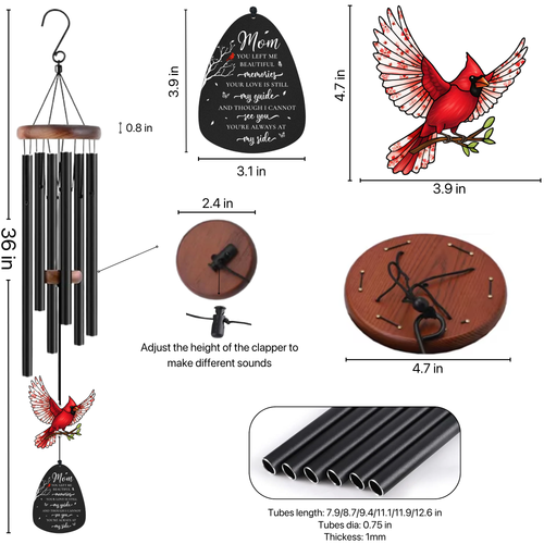 36 inch Cardinal Memorial Wind Chimes for Loss of Mom – Sympathy Gift with Floral Cardinal Ornament